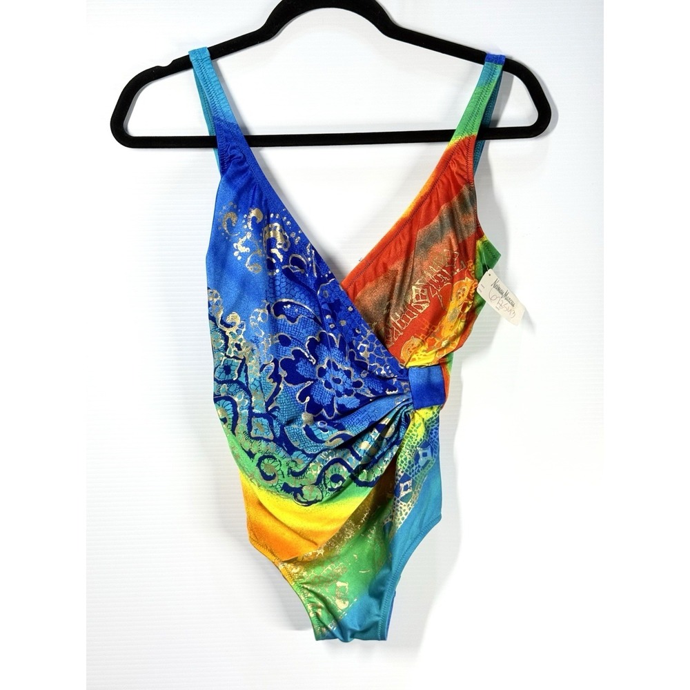 NWT Vintage Gottex Swimsuit One Piece Size 10 Deadstock Rainbow Metallic $146